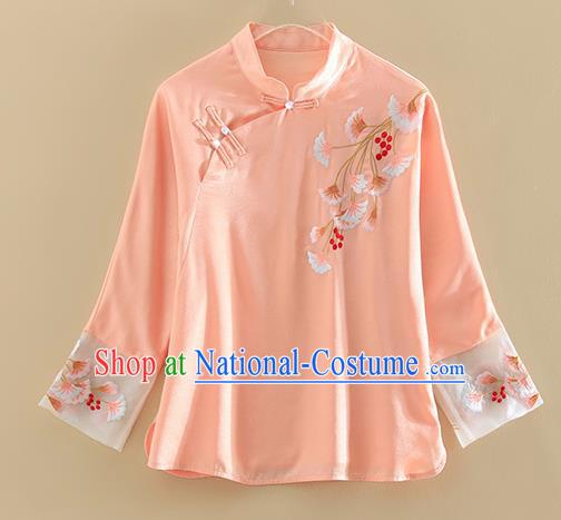 Chinese Traditional Tang Suit Embroidered Ginkgo Leaf Pink Shirt National Costume Qipao Upper Outer Garment for Women