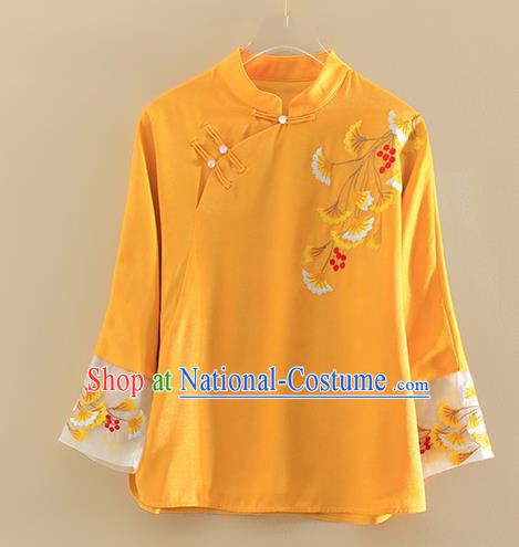 Chinese Traditional Tang Suit Embroidered Ginkgo Leaf Yellow Shirt National Costume Qipao Upper Outer Garment for Women