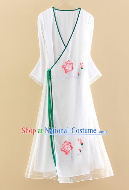 Chinese Traditional Tang Suit Embroidered Lotus White Organza Cheongsam National Costume Qipao Dress for Women