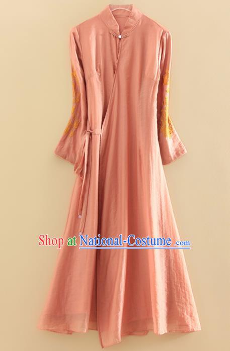 Chinese Traditional Tang Suit Embroidered Pink Linen Cheongsam National Costume Qipao Dress for Women