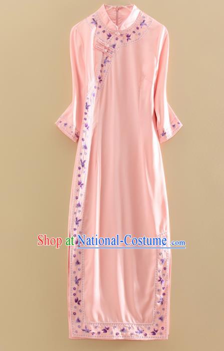 Chinese Traditional Tang Suit Embroidered Butterfly Pink Cheongsam National Costume Qipao Dress for Women