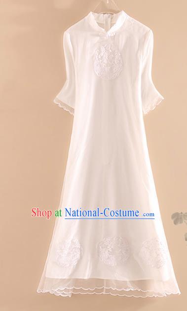 Chinese Traditional Tang Suit Embroidered Phoenix White Cheongsam National Costume Qipao Dress for Women