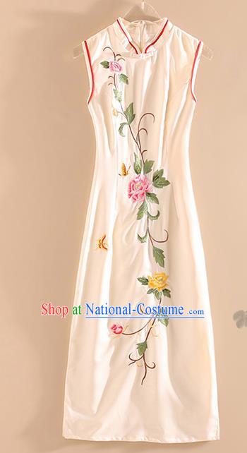 Chinese Traditional Tang Suit Embroidered Peony White Silk Cheongsam National Costume Qipao Dress for Women