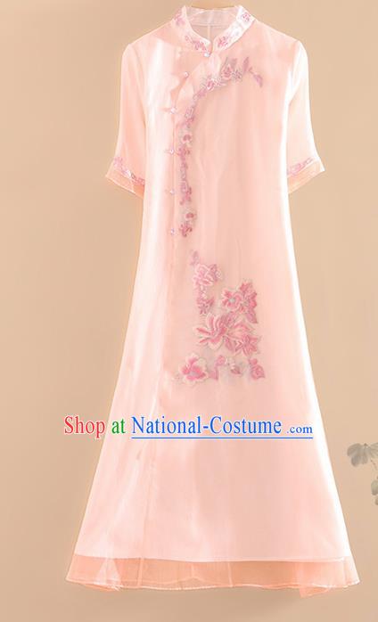 Chinese Traditional Tang Suit Embroidered Light Pink Cheongsam National Costume Qipao Dress for Women