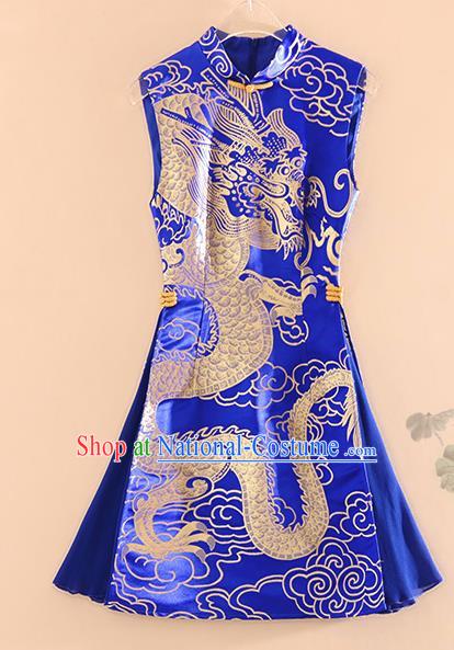 Chinese Traditional Tang Suit Royalblue Brocade Cheongsam National Costume Qipao Dress for Women