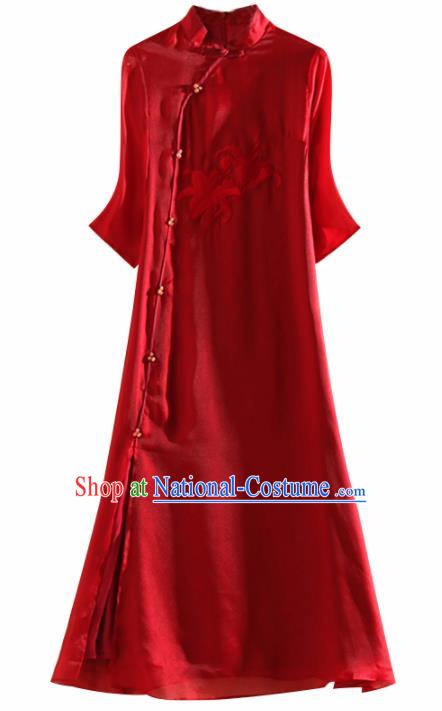 Chinese Traditional Tang Suit Embroidered Lily Flowers Red Organza Cheongsam National Costume Qipao Dress for Women