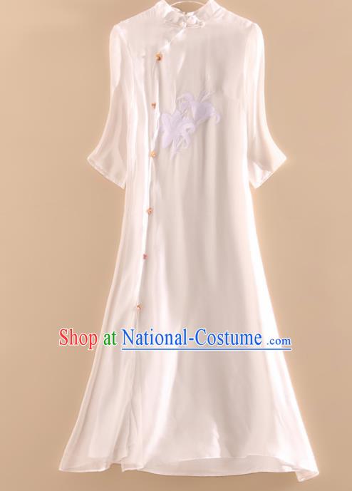 Chinese Traditional Tang Suit Embroidered Lily Flowers White Organza Cheongsam National Costume Qipao Dress for Women