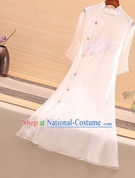 Chinese Traditional Tang Suit Embroidered Lily Flowers White Organza Cheongsam National Costume Qipao Dress for Women