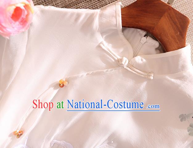 Chinese Traditional Tang Suit Embroidered Lily Flowers White Organza Cheongsam National Costume Qipao Dress for Women