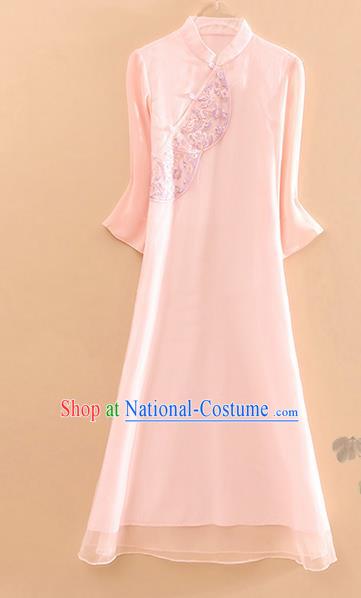 Traditional Chinese Tang Suit Embroidered Pink Cheongsam National Costume Qipao Dress for Women