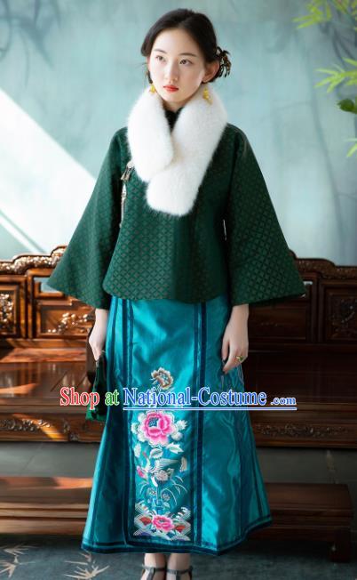 Chinese Traditional Tang Suit Green Silk Jacket National Costume Republic of China Qipao Upper Outer Garment for Women