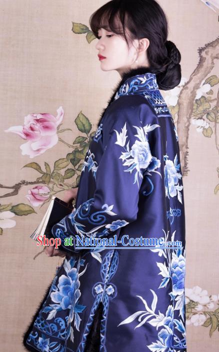 Chinese Traditional Tang Suit Royalblue Cotton Wadded Jacket National Costume Republic of China Qipao Upper Outer Garment for Women