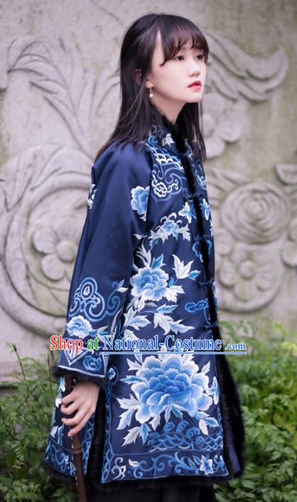 Chinese Traditional Tang Suit Royalblue Cotton Wadded Jacket National Costume Republic of China Qipao Upper Outer Garment for Women