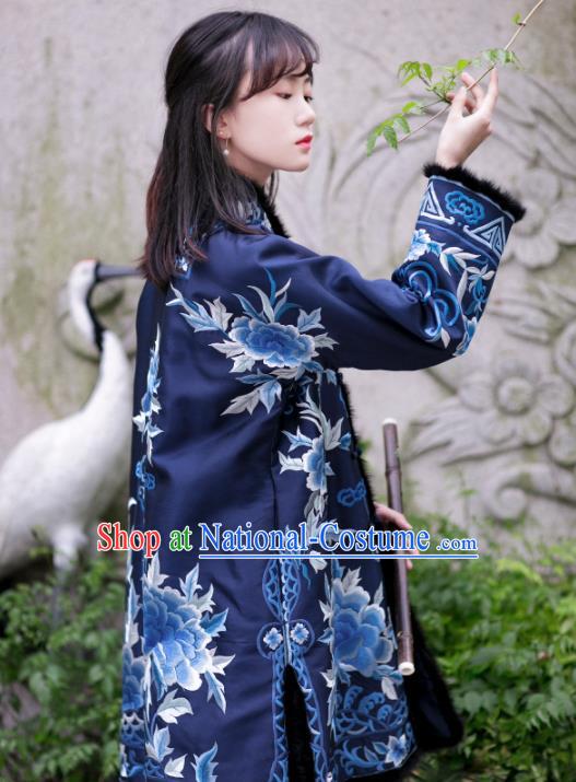 Chinese Traditional Tang Suit Royalblue Cotton Wadded Jacket National Costume Republic of China Qipao Upper Outer Garment for Women