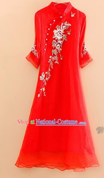 Traditional Chinese National Embroidered Peony Red Qipao Dress Tang Suit Cheongsam Costume for Women