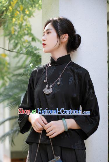 Chinese Traditional Tang Suit Black Blouse National Costume Republic of China Qipao Upper Outer Garment for Women