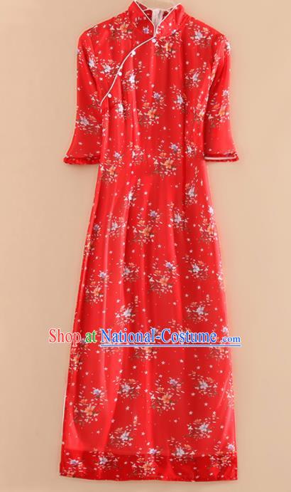 Chinese Traditional Tang Suit Printing Red Cheongsam National Costume Qipao Dress for Women