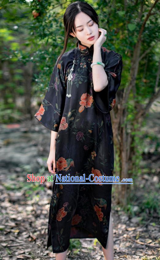 Traditional Chinese National Printing Peony Black Silk Qipao Dress Tang Suit Cheongsam Costume for Women