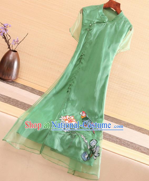 Traditional Chinese National Embroidered Magpie Green Qipao Dress Tang Suit Cheongsam Costume for Women