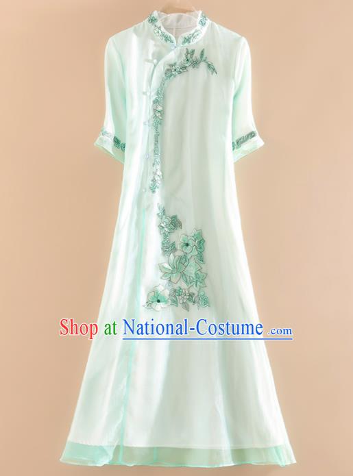 Chinese Traditional Tang Suit Embroidered Light Green Cheongsam National Costume Qipao Dress for Women