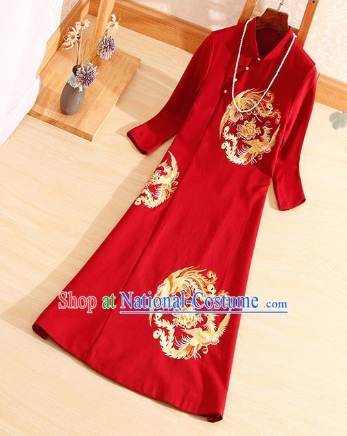 Traditional Chinese National Embroidered Phoenix Peony Red Qipao Dress Tang Suit Cheongsam Costume for Women