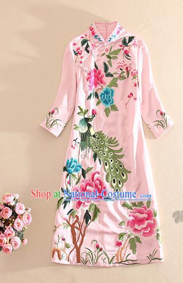 Traditional Chinese National Embroidered Peacock Peony Pink Qipao Dress Tang Suit Cheongsam Costume for Women