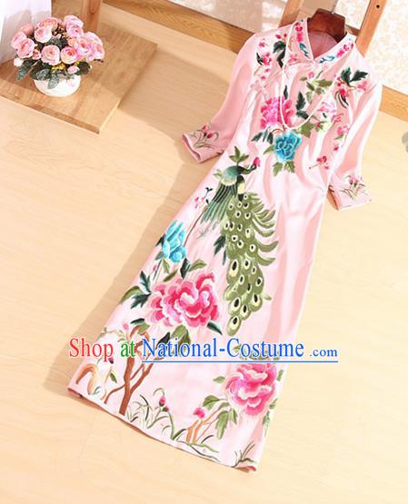 Traditional Chinese National Embroidered Peacock Peony Pink Qipao Dress Tang Suit Cheongsam Costume for Women