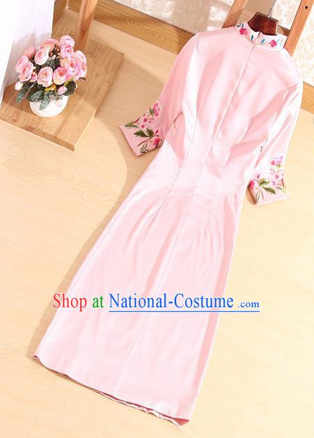 Traditional Chinese National Embroidered Peacock Peony Pink Qipao Dress Tang Suit Cheongsam Costume for Women