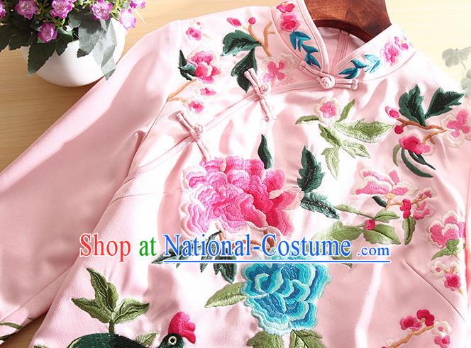 Traditional Chinese National Embroidered Peacock Peony Pink Qipao Dress Tang Suit Cheongsam Costume for Women