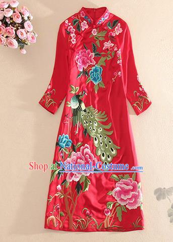 Traditional Chinese National Embroidered Peacock Peony Red Qipao Dress Tang Suit Cheongsam Costume for Women