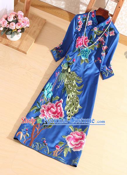 Traditional Chinese National Embroidered Peacock Peony Royalblue Qipao Dress Tang Suit Cheongsam Costume for Women