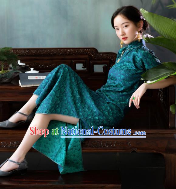 Traditional Chinese National Deep Green Silk Qipao Dress Tang Suit Cheongsam Costume for Women