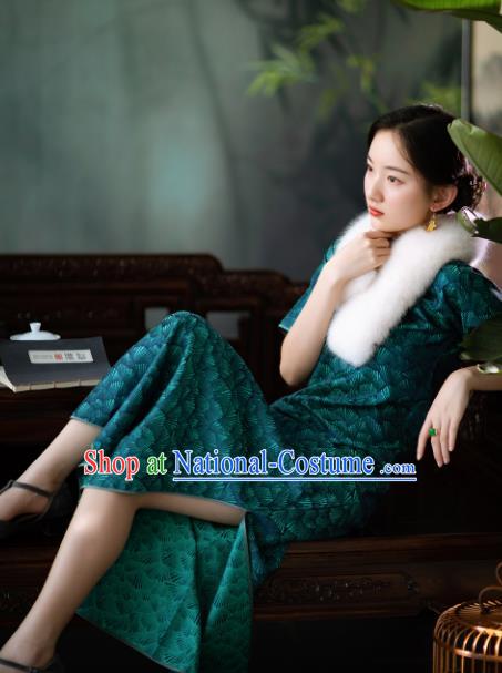 Traditional Chinese National Deep Green Silk Qipao Dress Tang Suit Cheongsam Costume for Women