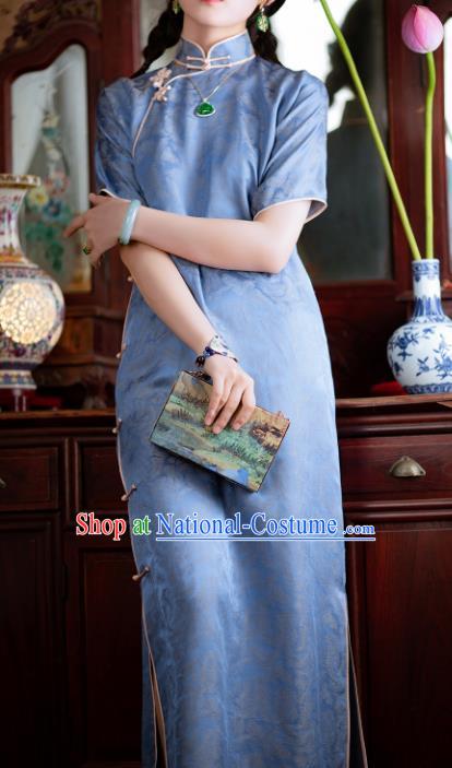 Traditional Chinese National Lake Blue Silk Qipao Dress Tang Suit Cheongsam Costume for Women