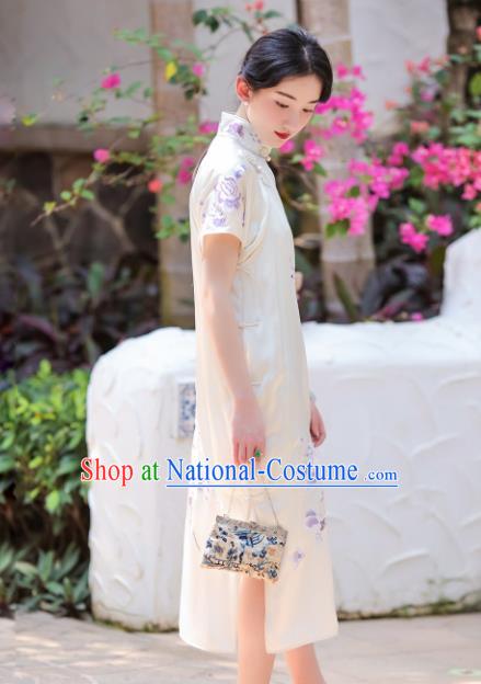 Traditional Chinese Embroidered White Silk Qipao Dress National Tang Suit Cheongsam Costume for Women