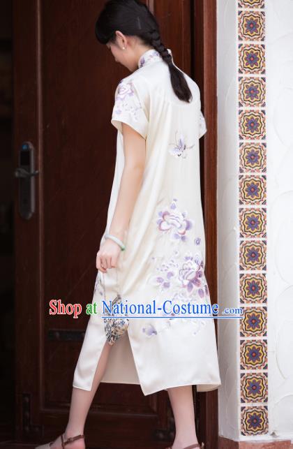 Traditional Chinese Embroidered White Silk Qipao Dress National Tang Suit Cheongsam Costume for Women