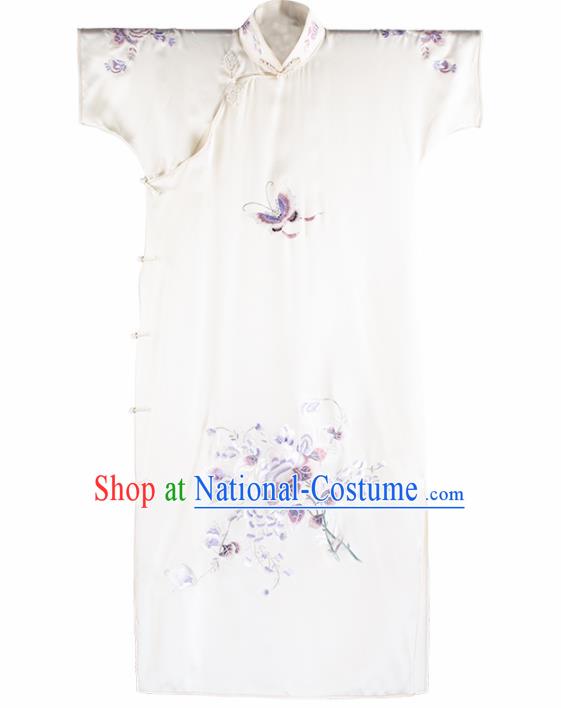 Traditional Chinese Embroidered White Silk Qipao Dress National Tang Suit Cheongsam Costume for Women