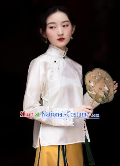 Chinese Traditional Tang Suit White Shirt National Costume Republic of China Qipao Upper Outer Garment for Women