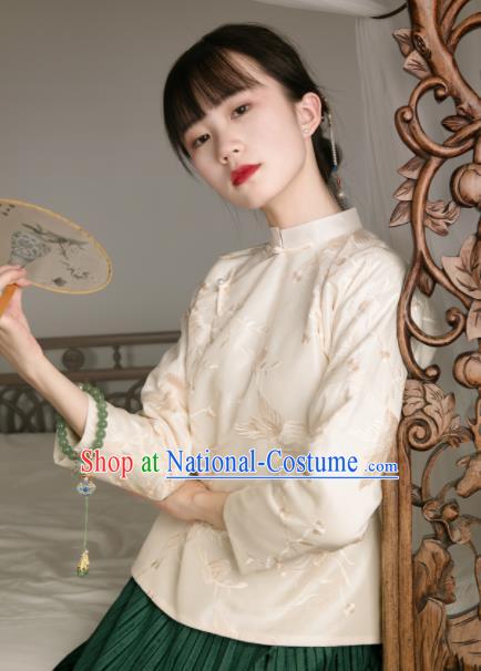 Chinese Traditional Tang Suit Beige Silk Shirt National Costume Republic of China Qipao Upper Outer Garment for Women