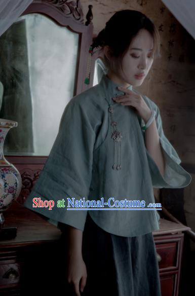 Chinese Traditional Tang Suit Green Flax Shirt National Costume Republic of China Qipao Upper Outer Garment for Women