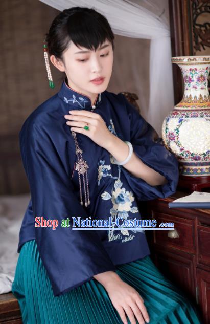 Chinese Traditional Tang Suit Navy Jacket National Costume Republic of China Qipao Upper Outer Garment for Women