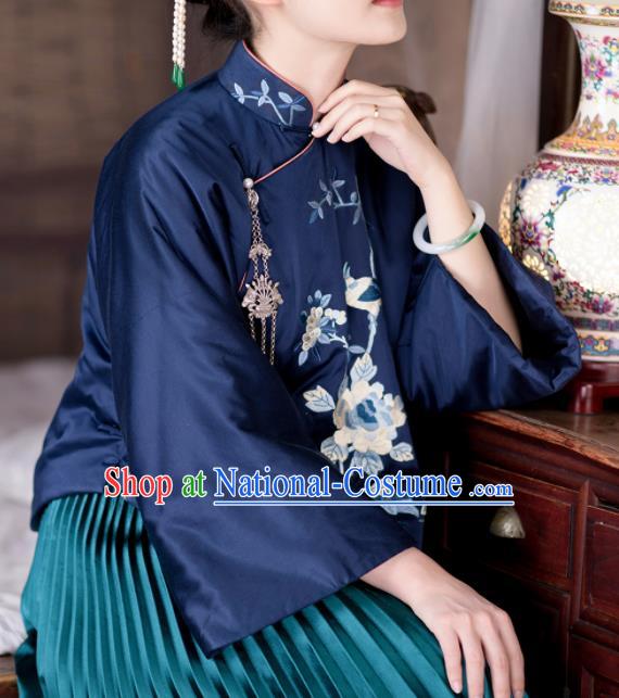 Chinese Traditional Tang Suit Navy Jacket National Costume Republic of China Qipao Upper Outer Garment for Women