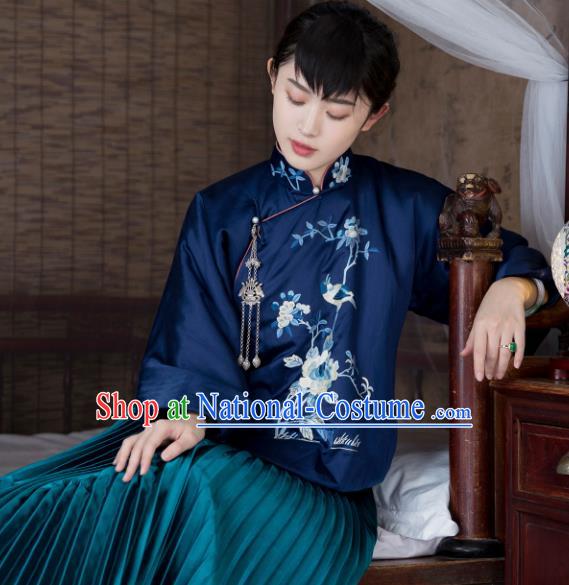 Chinese Traditional Tang Suit Navy Jacket National Costume Republic of China Qipao Upper Outer Garment for Women