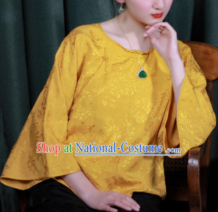 Chinese Traditional Tang Suit Golden Brocade Blouse National Costume Republic of China Qipao Upper Outer Garment for Women