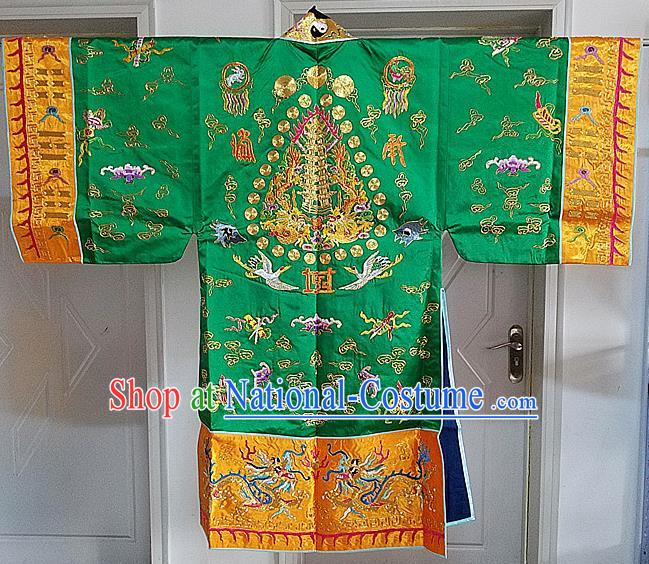 Chinese Ancient Taoist Priest Embroidered Cloud Cranes Green Cassocks Traditional Taoism Vestment Costume