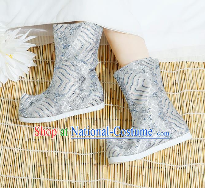 Chinese National Grey Boots Hanfu Shoes Traditional Princess Shoes Embroidered Crane Shoes for Women