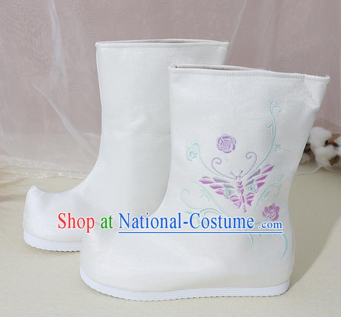 Chinese National Embroidered Butterfly White Boots Hanfu Shoes Traditional Princess Shoes Ancient Shoes for Women