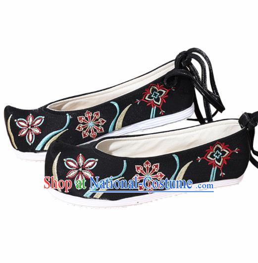 Chinese National Black Embroidered Shoes Ancient Traditional Princess Shoes Hanfu Shoes for Women