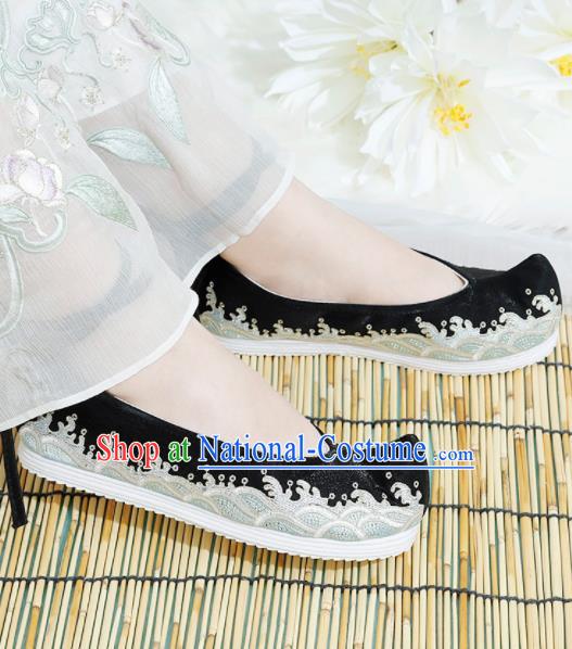 Chinese National Embroidered Waves Black Shoes Ancient Traditional Princess Shoes Hanfu Shoes for Women