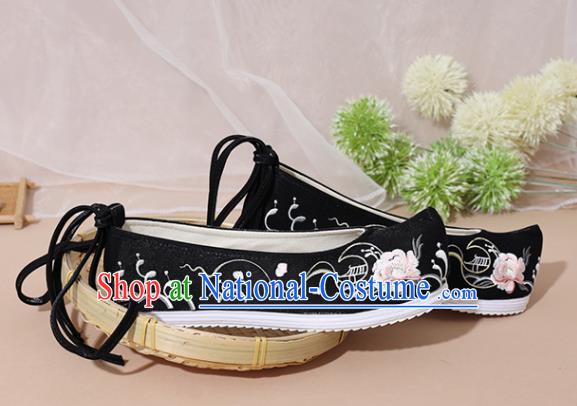 Chinese National Embroidered Peony Black Shoes Ancient Traditional Princess Shoes Hanfu Shoes for Women